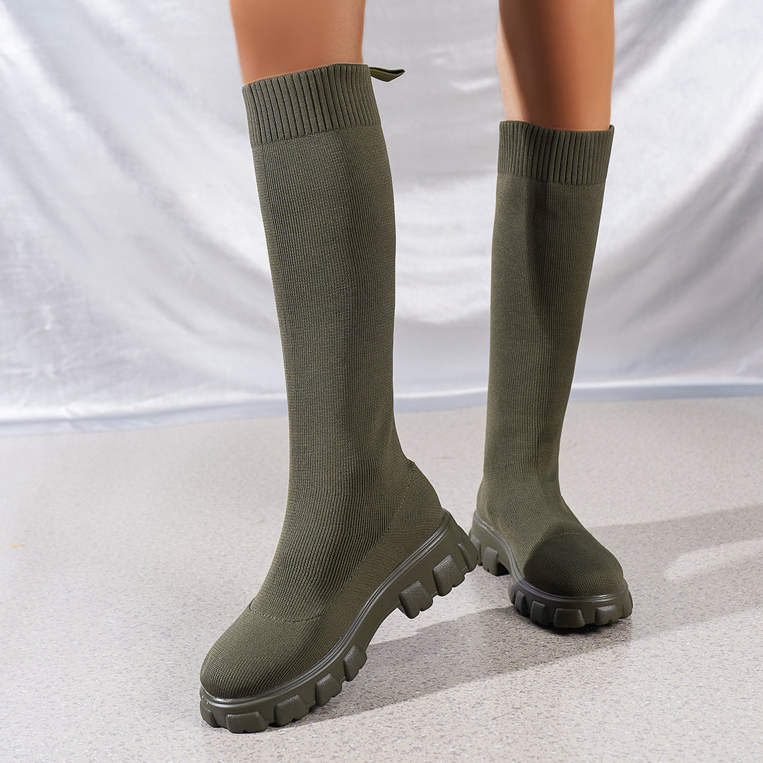 High knitted boots for women with slip-resistant molded sole and elastic upper Lune London