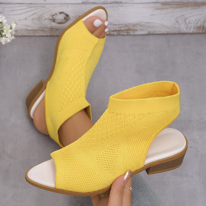 Ladies Open Mules with Knitted Design and Retro Block Heel Lune London