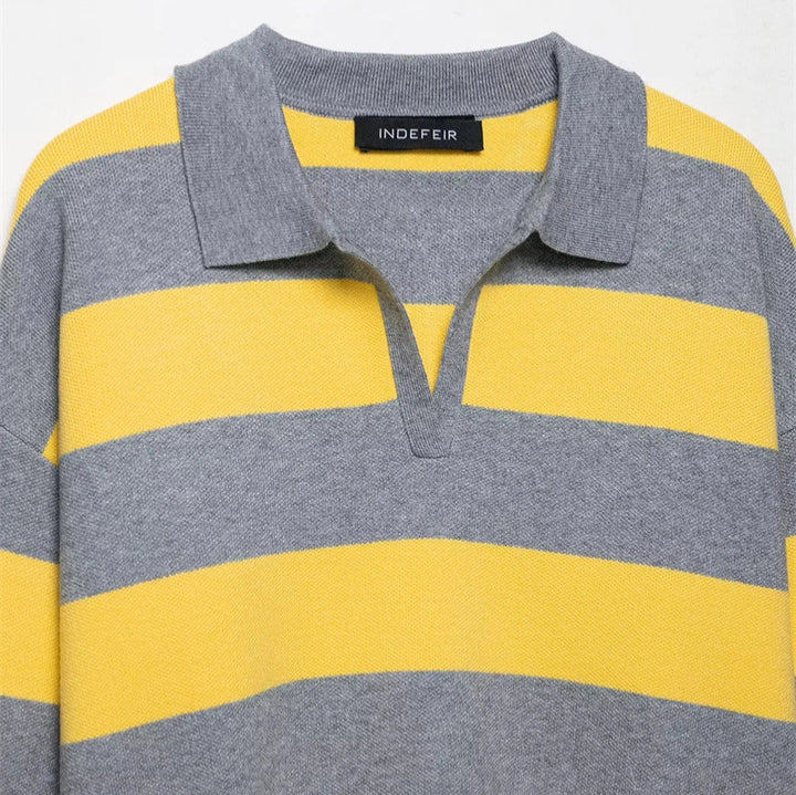 Ladies fashion sweater with polo collar and striped design Lune London