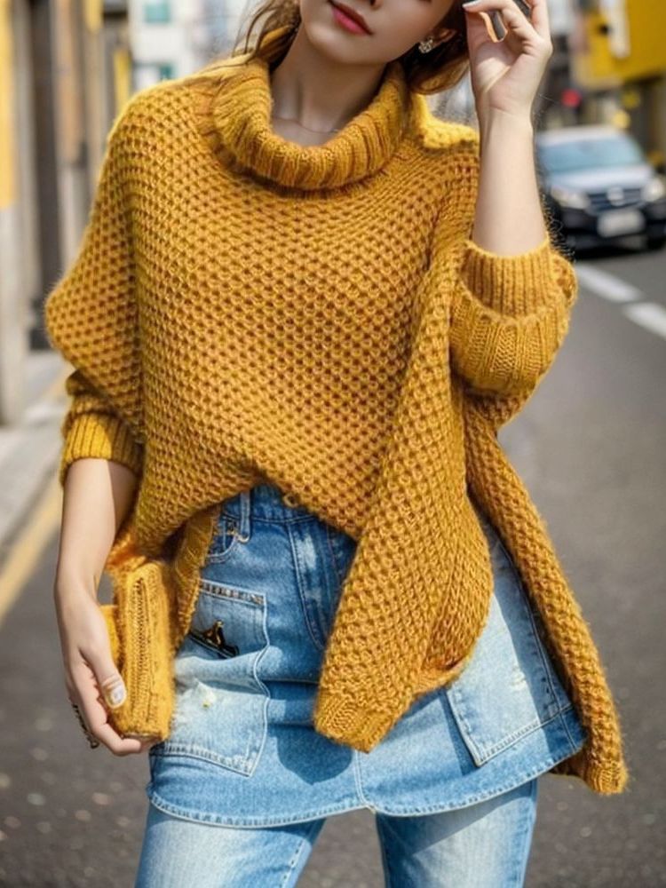 Pull en tricot décontracté pour femmes avec col montant et design texturé Chic & Stil