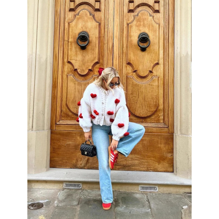 Ladies playful knitted cardigan with heart-shaped appliqués Lune London