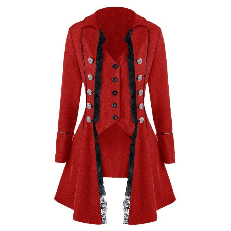 Ladies elegant traditional coat with delicate lace inserts and refined button details Lune Londonl