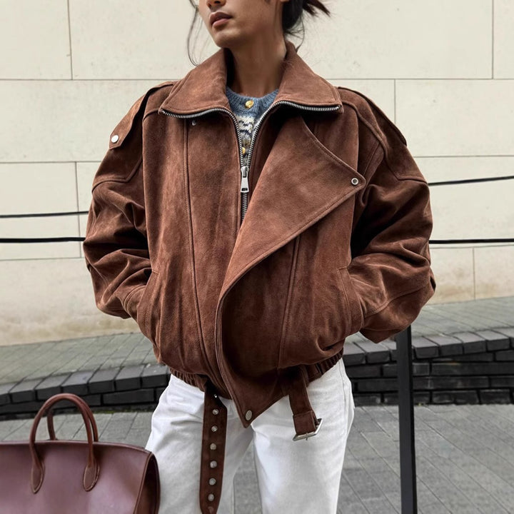 Suede jacket for women with asymmetric zipper Lune London