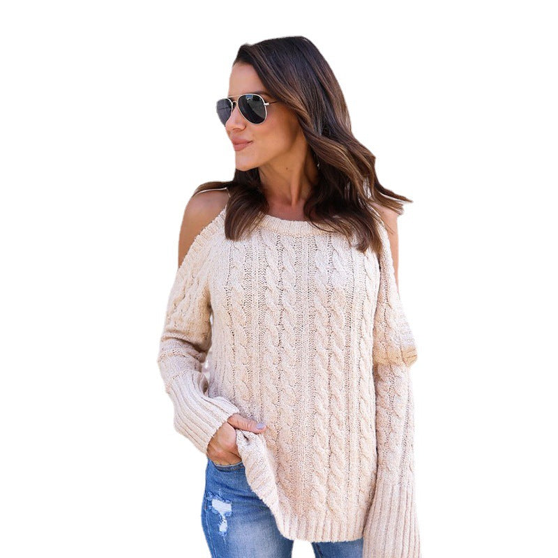 Knitted sweater for women with off-the-shoulder design and cable pattern Lune London