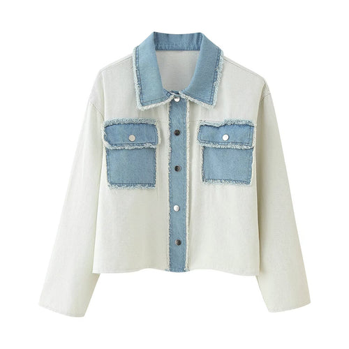 Cropped denim jacket for women with contrasting pockets and frayed hem Lune London