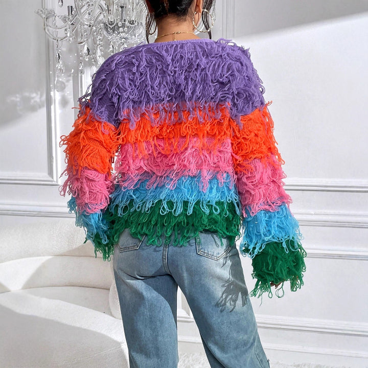 Ladies knitted cardigan with colorful fringes and a unique pattern Lune London