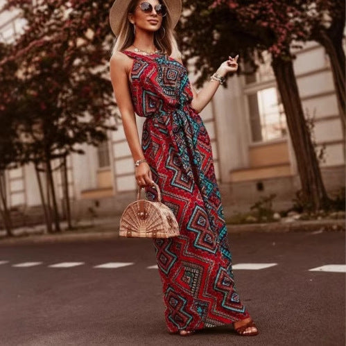 Maxi dress for women with floral pattern and adjustable belt Lune London