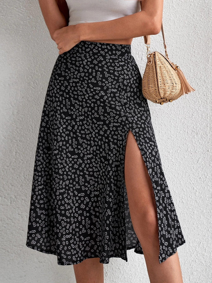 Midi skirt for women with asymmetrical slit and floral pattern Lune London
