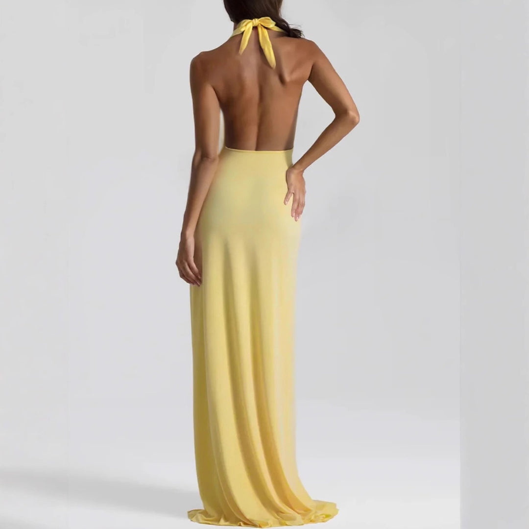 Ladies Elegant Evening Dress with Deep Neckline and Side Slit Lune London