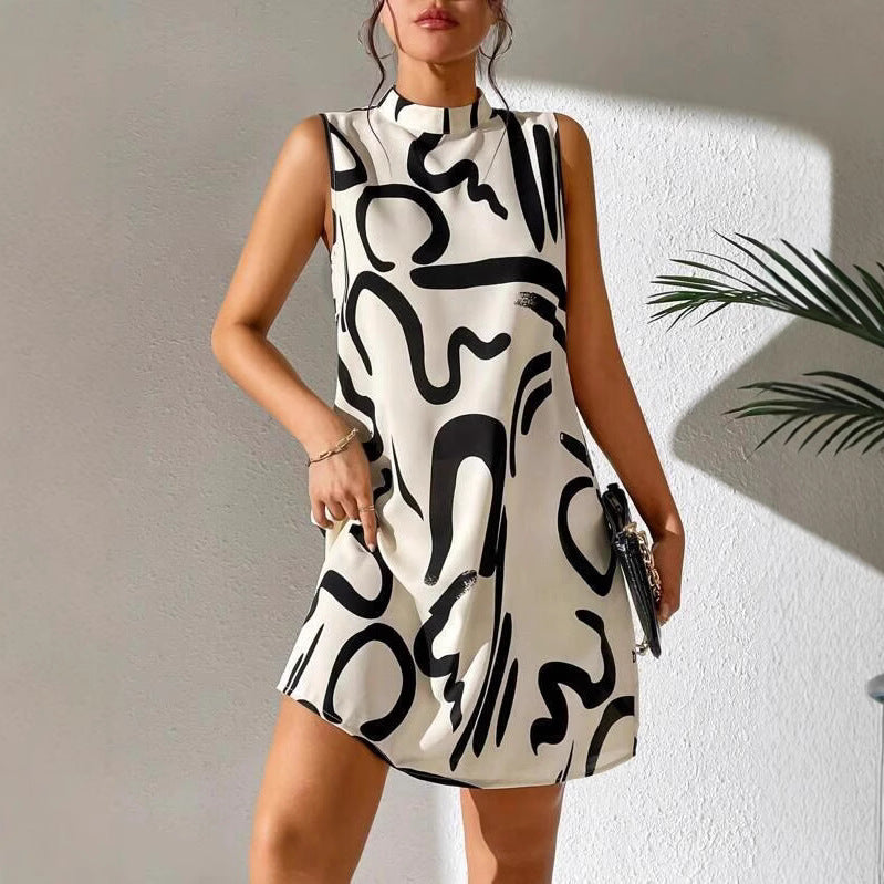 Mini A-line dress for women with modern graphic pattern and high collar Lune London