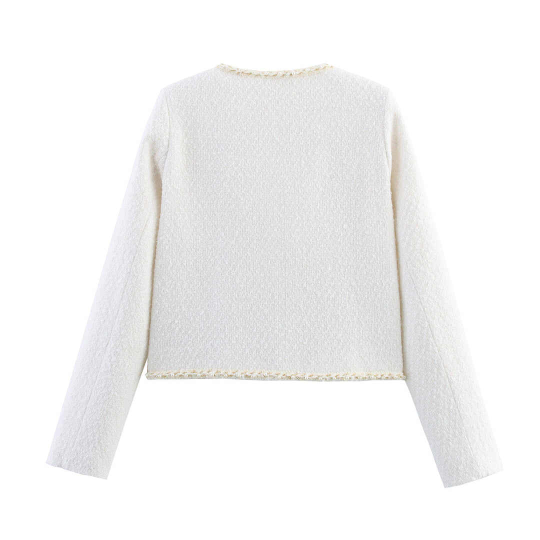 Trendy boucle jacket for ladies with elegant pockets and pearl embellished buttons Lune London