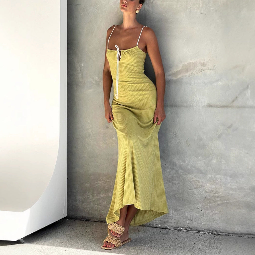 Maxi dress for women with a delicate ribbed design and an adjustable neckline Lune London