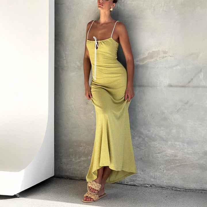 Maxi dress for women with a delicate ribbed design and an adjustable neckline Lune London
