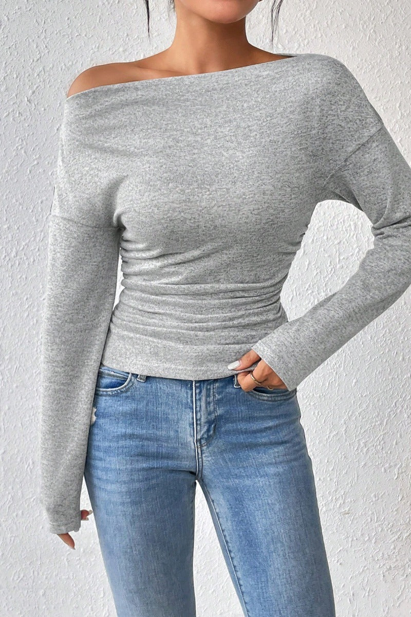 Fitted long sleeve t-shirt for women with asymmetric neckline and ruching Lune London