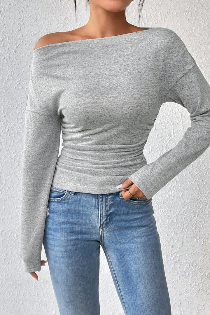 Fitted long sleeve t-shirt for women with asymmetric neckline and ruching Lune London