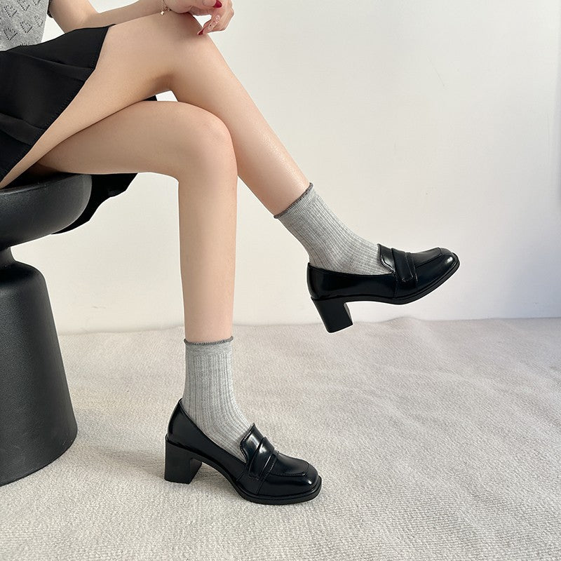 Women elegant block heel loafers with a shiny upper material and a comfortable insole Lune London