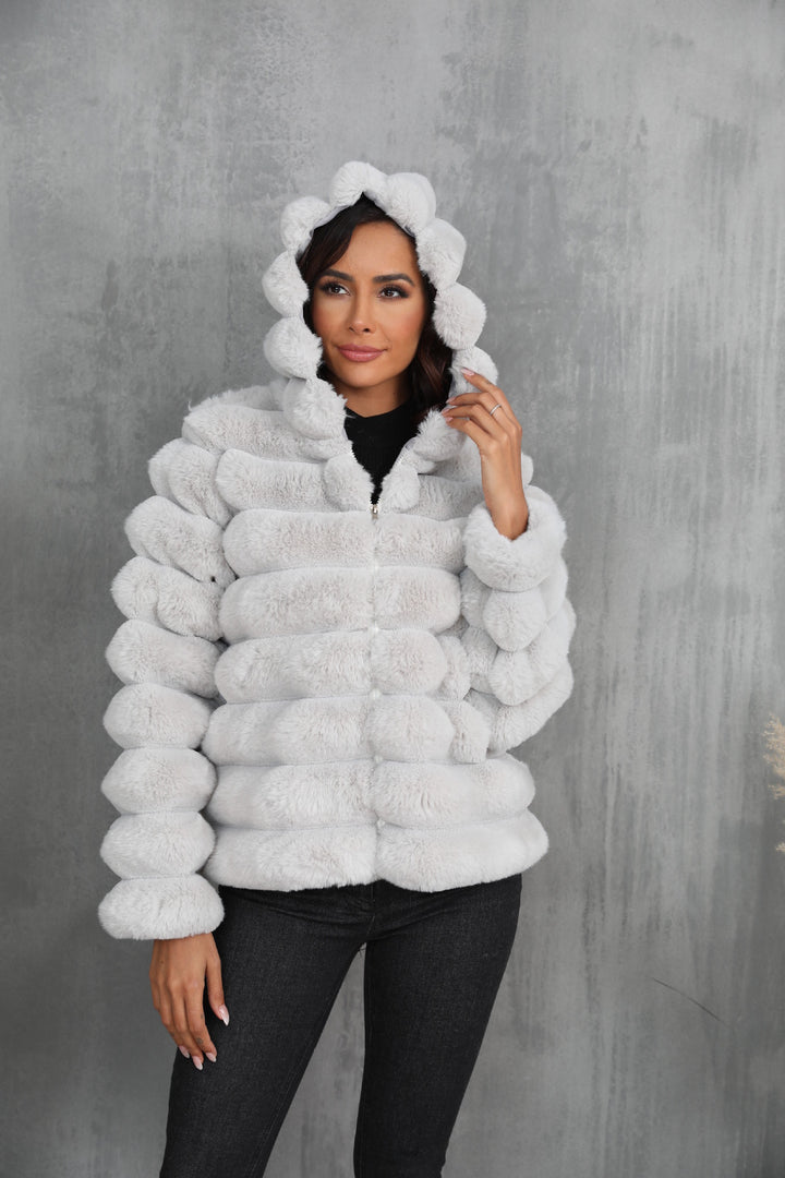 Women's faux fur hooded jacket with textured pattern Lune London