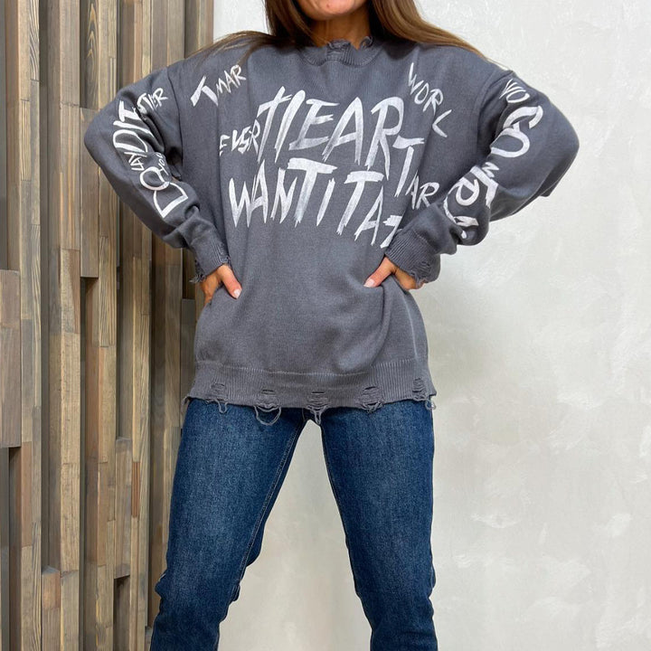 Oversized sweatshirt for women with creative inscription and trendy ripped details Lune London