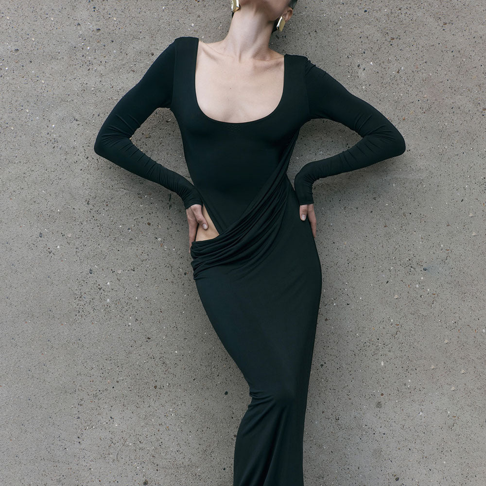 Maxi fitted dress for women with an innovative draping element Lune London
