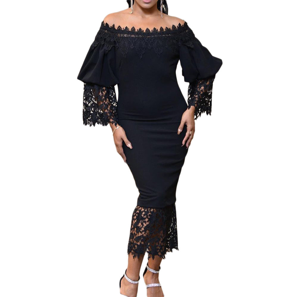 Off-shoulder dress for women with lace sleeves and asymmetrical hem Lune London