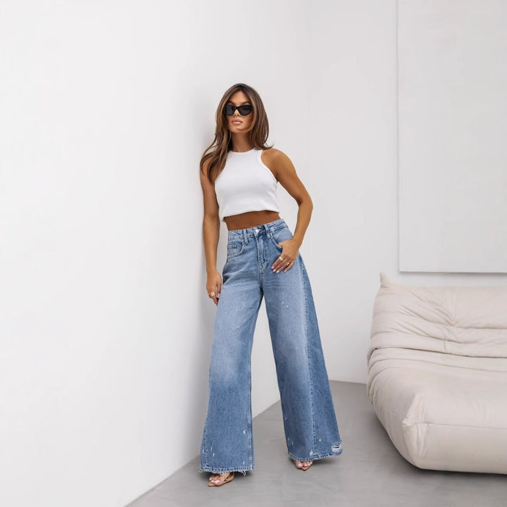 High-waisted wide-leg jeans for women with ripped details Lune London
