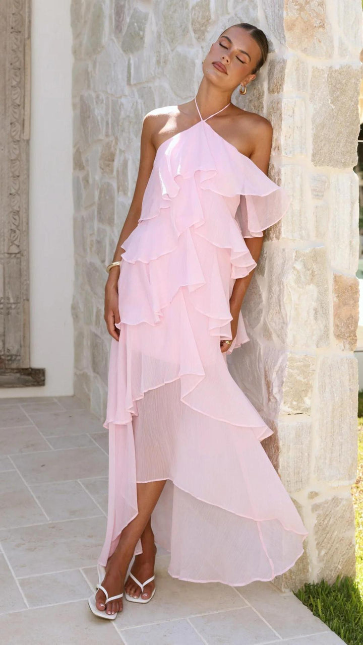 Robe maxi femme avec superposition élégante et volants floraux Chic & Stil
