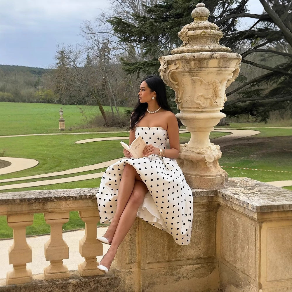 Polka dot cocktail dress for women with refined skirt Lune London