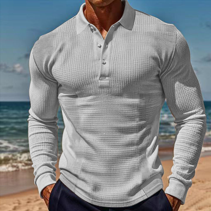 Elegant long sleeve polo shirt for men with button placket and textured design Lune London