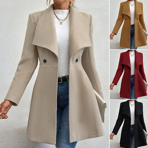 Ladies elegant wool coat with a loose and cinched silhouette and modern button details Lune London