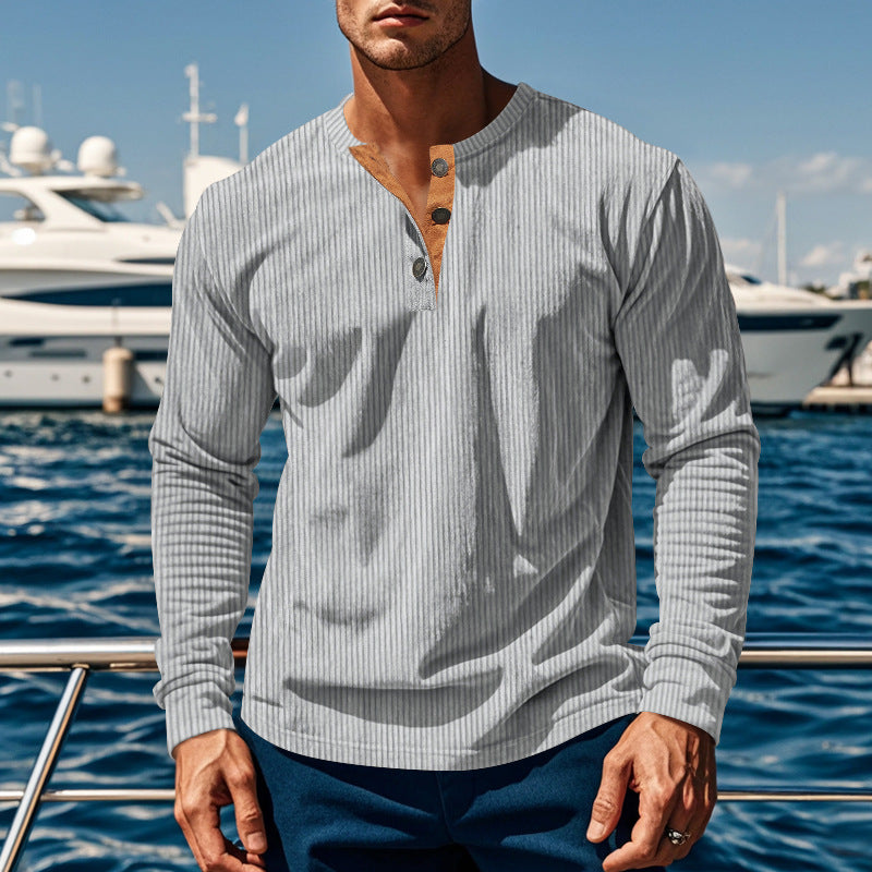 Men's Long Sleeve Henley T-Shirt in Lightweight Ribbed Fabric with Button Placket Lune London