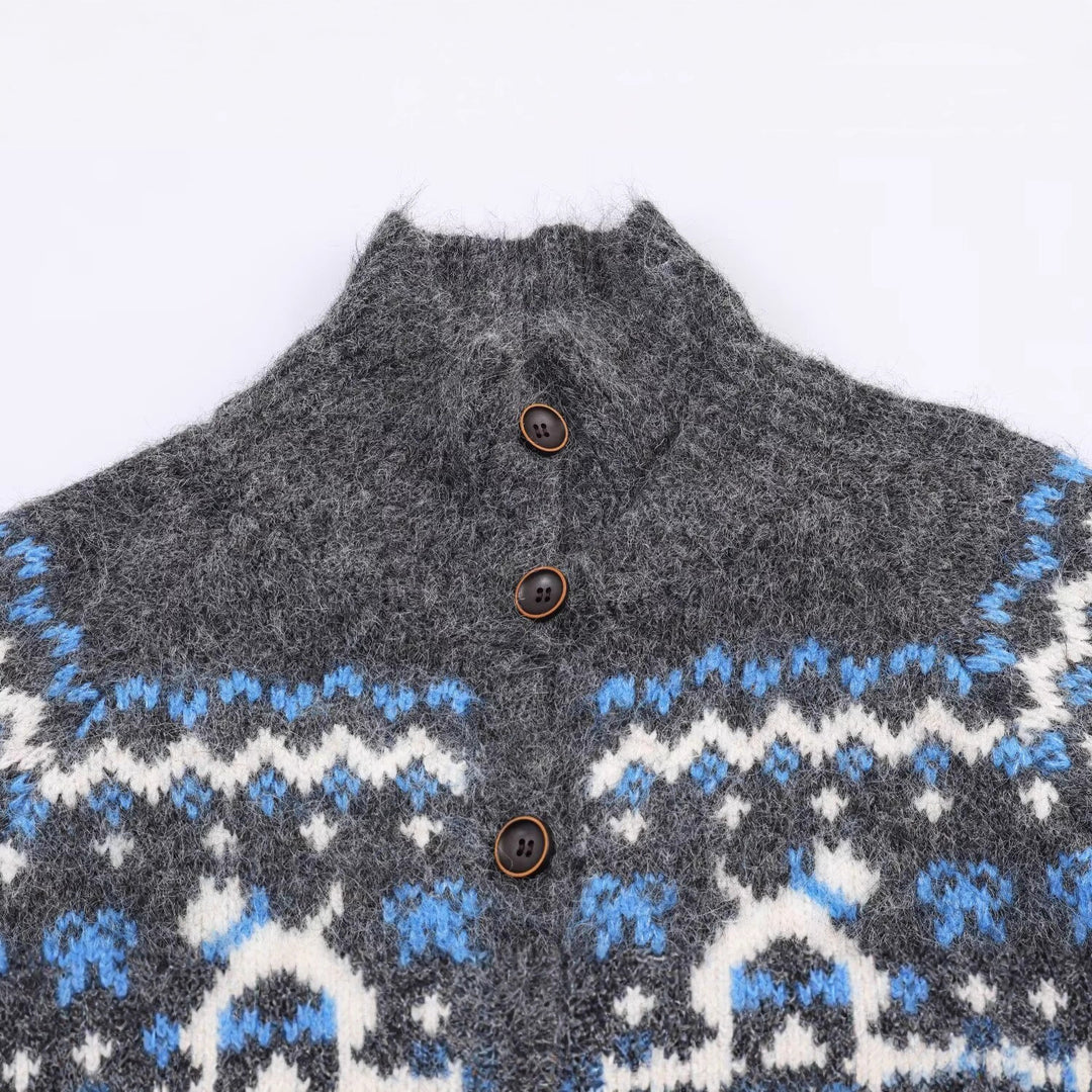 Knitted jacket for women with Norwegian pattern and high collar Lune London