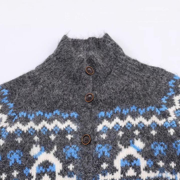 Knitted jacket for women with Norwegian pattern and high collar Lune London