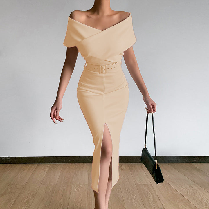 Evening dress for ladies with off-shoulder design and high slit Lune London