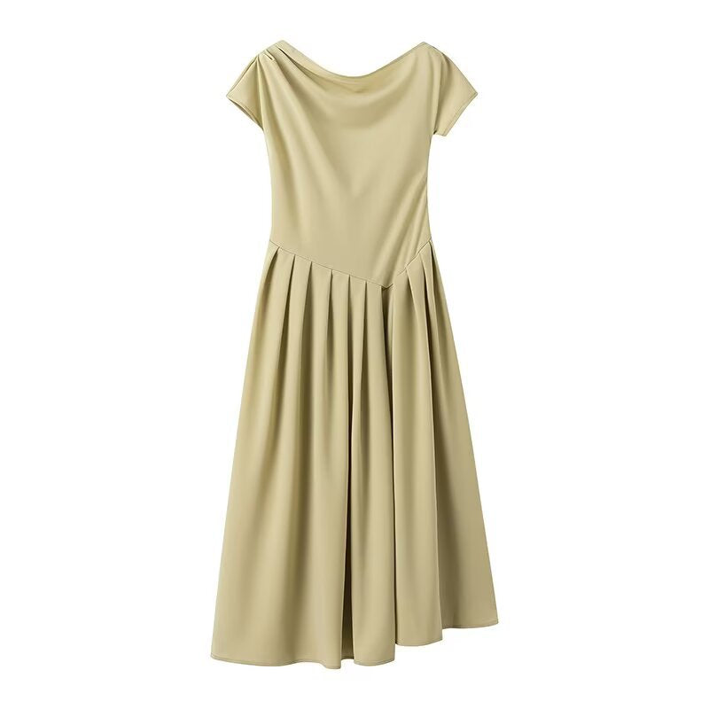 Midi dress for women with elegant pleated skirt and raw edge neckline Lune London