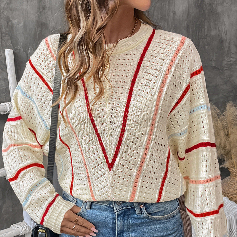 Casual knitted sweater for women with a trendy hole pattern and colorful stripes Lune London