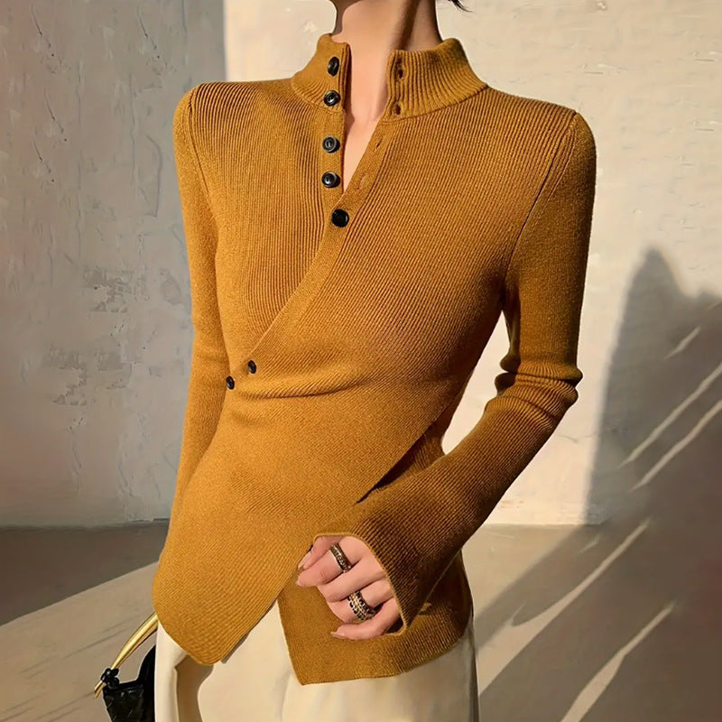 Knitted blouse for ladies with asymmetric cut and button details Lune London