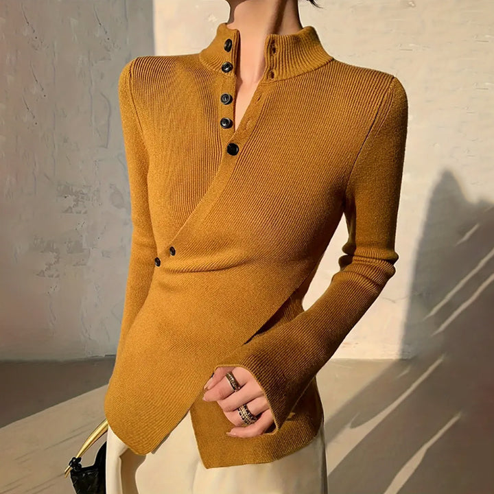 Knitted blouse for ladies with asymmetric cut and button details Lune London