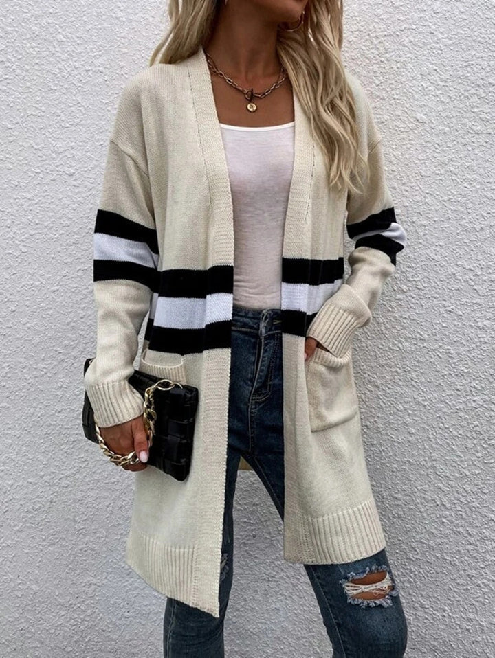 Fashionable striped knit cardigan for women with open front Lune Londonl