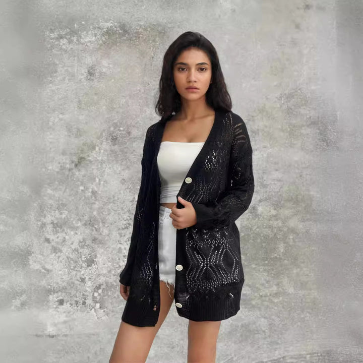 Ladies lightweight cardigan with delicate crochet pattern and chic button details