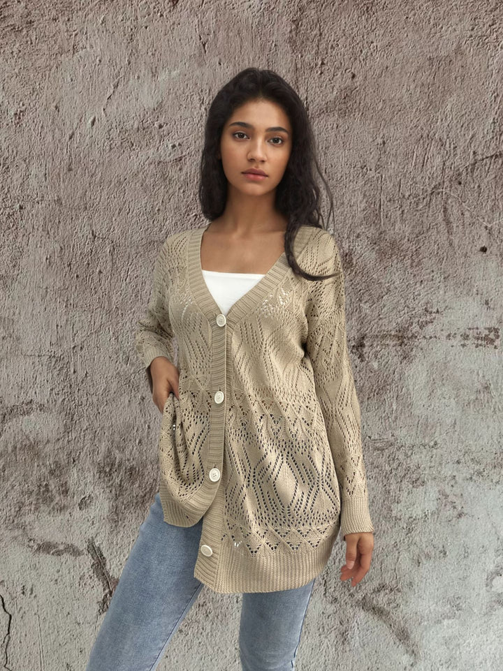 Ladies lightweight cardigan with delicate crochet pattern and chic button details