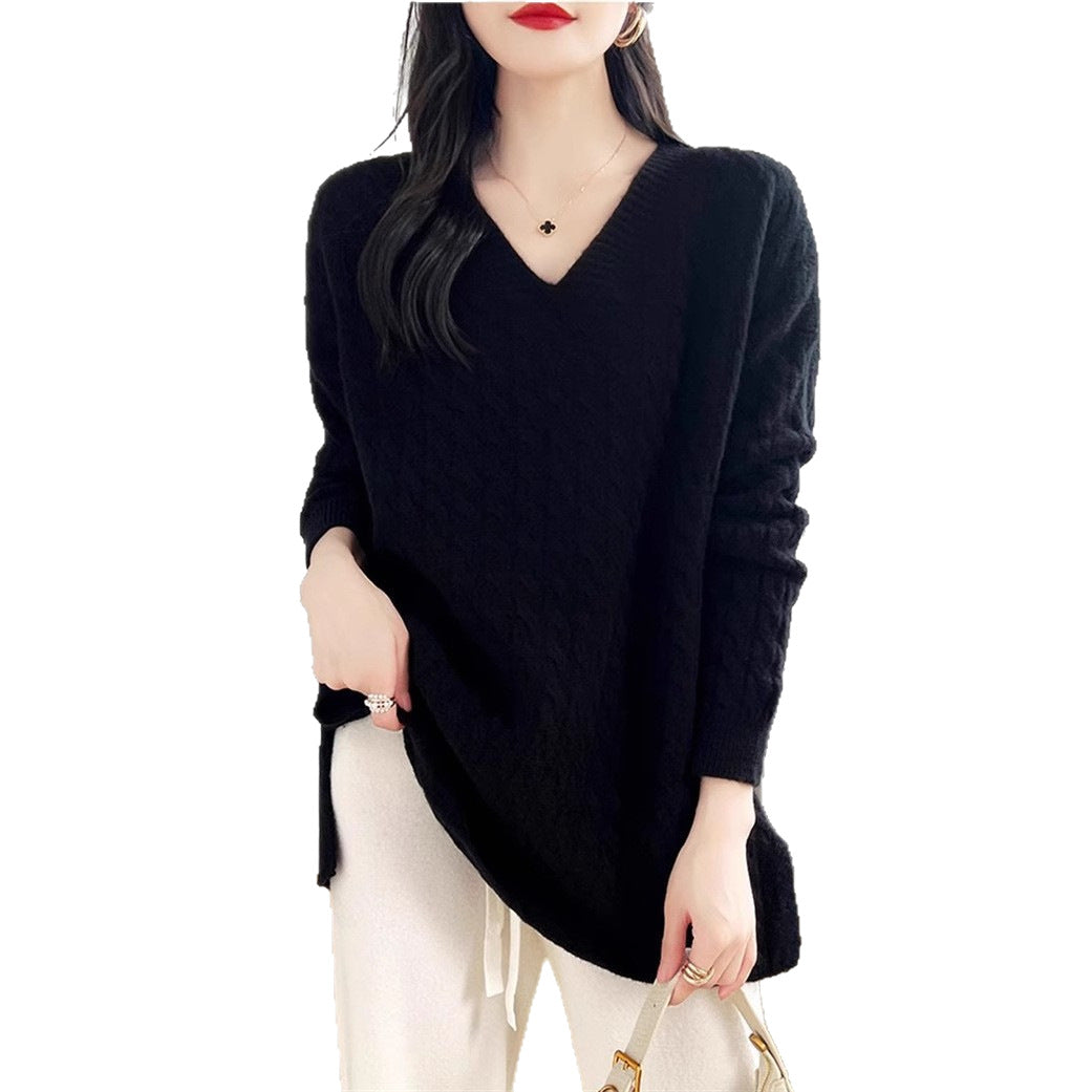 Pull femme à col en V avec un motif en tricot torsadé caractéristique et une coupe décontractée Chic & Stil