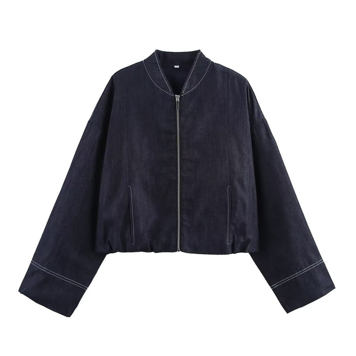 Women's cropped denim jacket in a casual bomber style with zipper Lune London