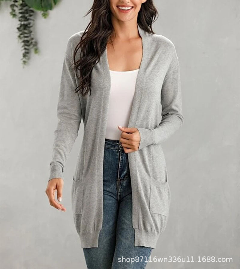 Ladies Long Cardigan with open front and practical pockets Lune London