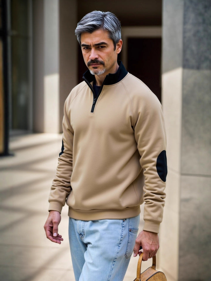 Sweat-mode sweater for men with functional zipper and contrasting elbow patches Lune London