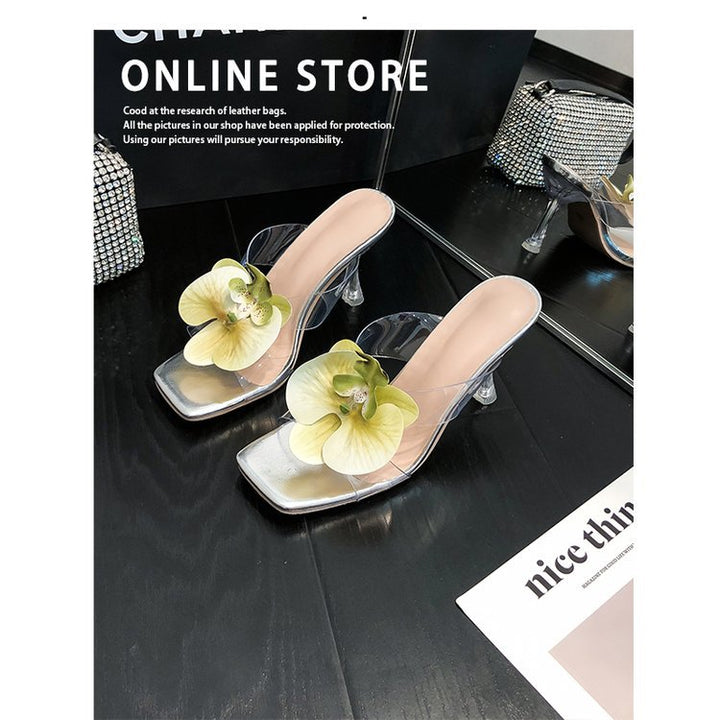 Women transparent Mules with elegant floral decoration and high heel Lune London