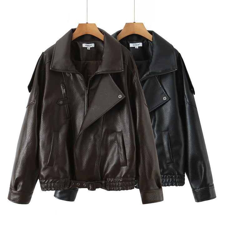 Casual faux leather biker jacket for women with practical pockets and elastic belt Lune London