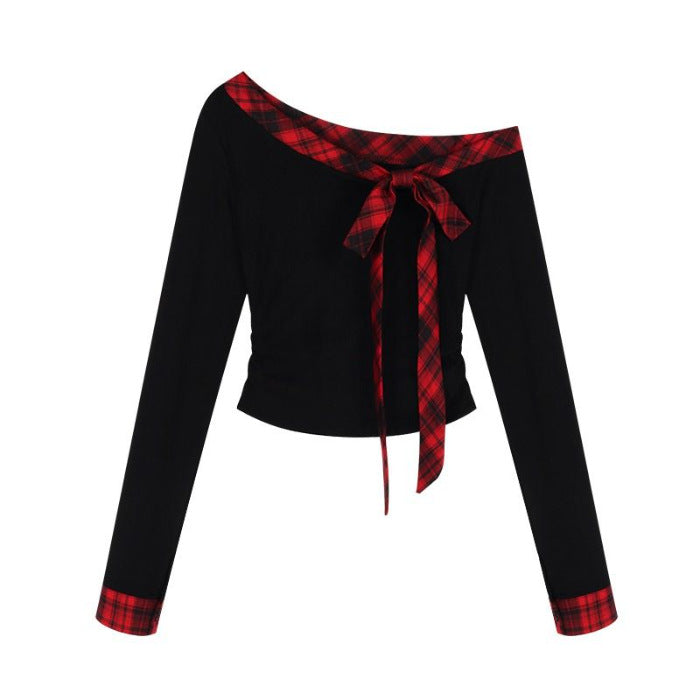 Ladies Crop Top with fashionable Off-Shoulder design and checked bow detail