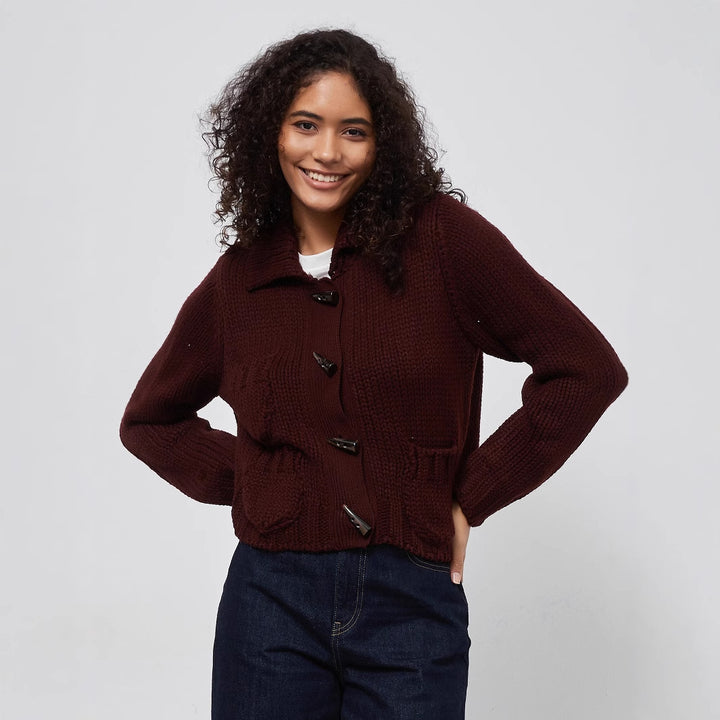 Thick knit jacket for women with decorative button details and practical pockets Lune London