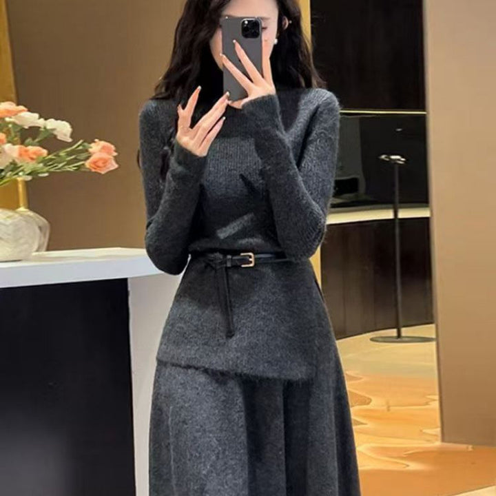 Robe en tricot élégante pour femmes avec ourlet asymétrique et ceinture Chic & Stil