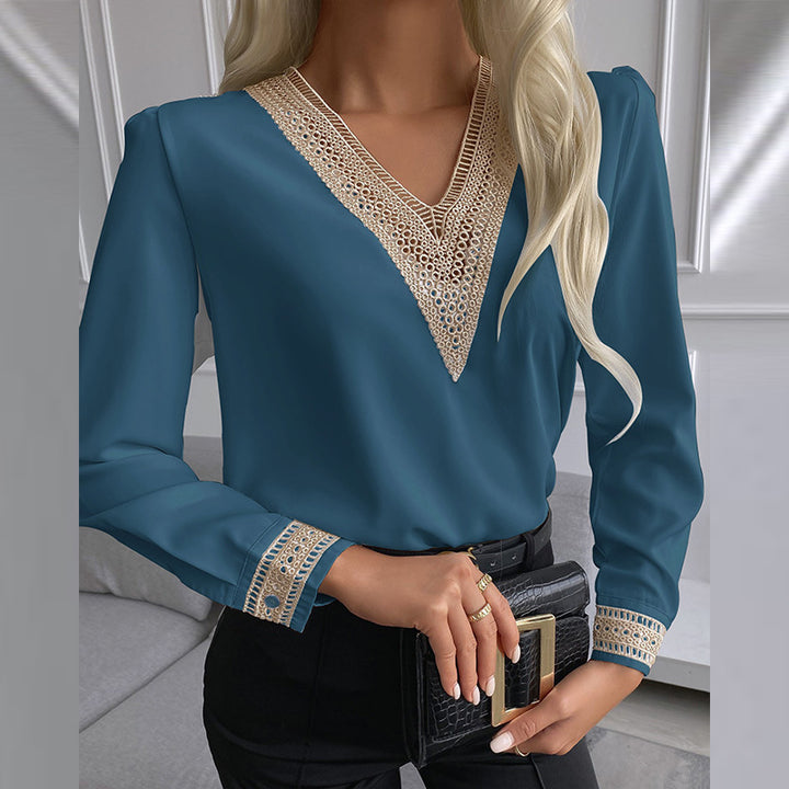 Ladies Elegant V Neck Blouse with Decorative Lace Lune London